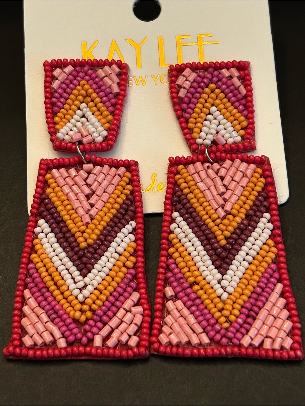 Kay Lee Pink & Multicolor Boho Design Hand Beaded Chevron Drop Earrings